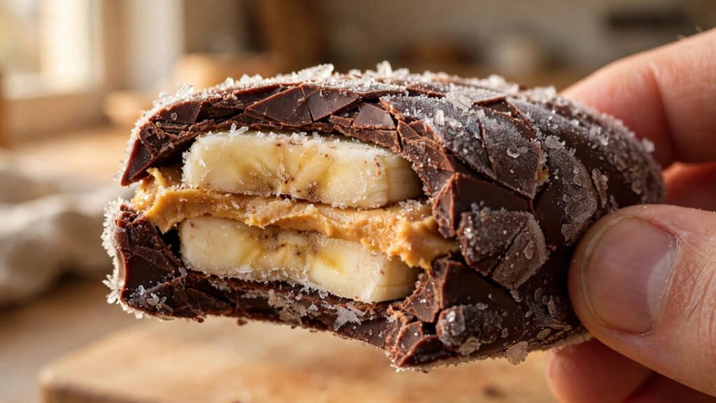 Cross-section close-up of a frozen peanut butter banana bite showing the creamy peanut butter filling inside the dark chocolate shell