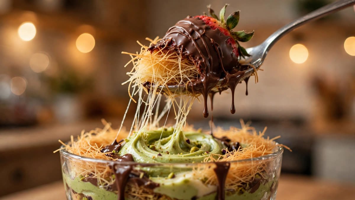 Spoon lifting a bite of Dubai chocolate strawberry cup