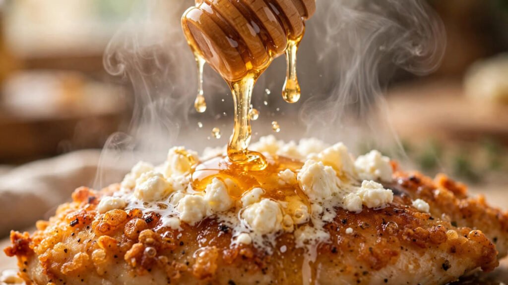 Hot honey drizzle close-up over feta-topped chicken