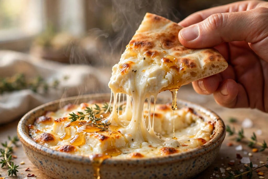 Hand scooping melted baked feta with hot honey using warm pita bread
