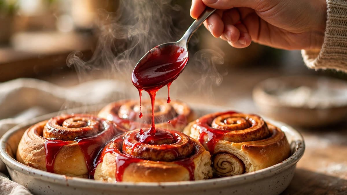 Hand drizzling blood-red glaze over cinnamon roll intestines