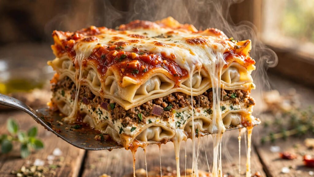 Cheesy slice lift of dumpling lasagna with stretching mozzarella