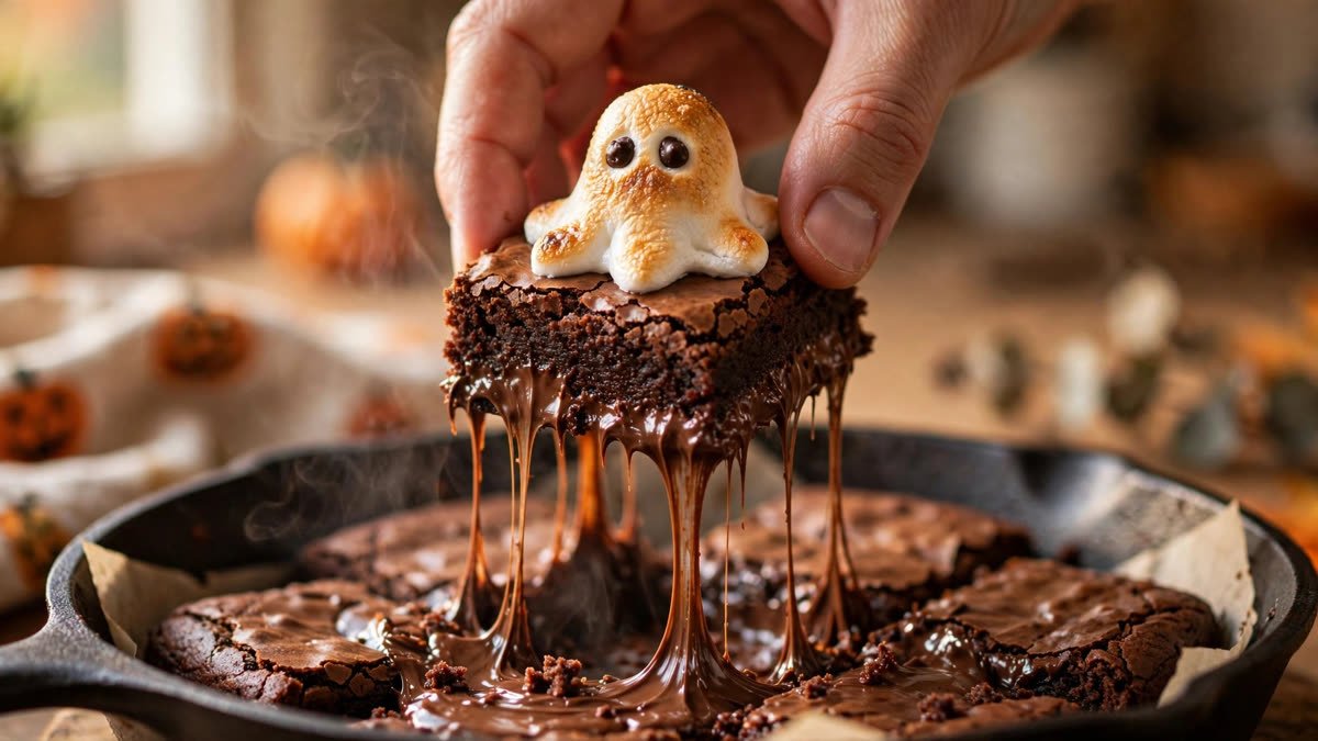 Gooey marshmallow pull from a ghost brownie