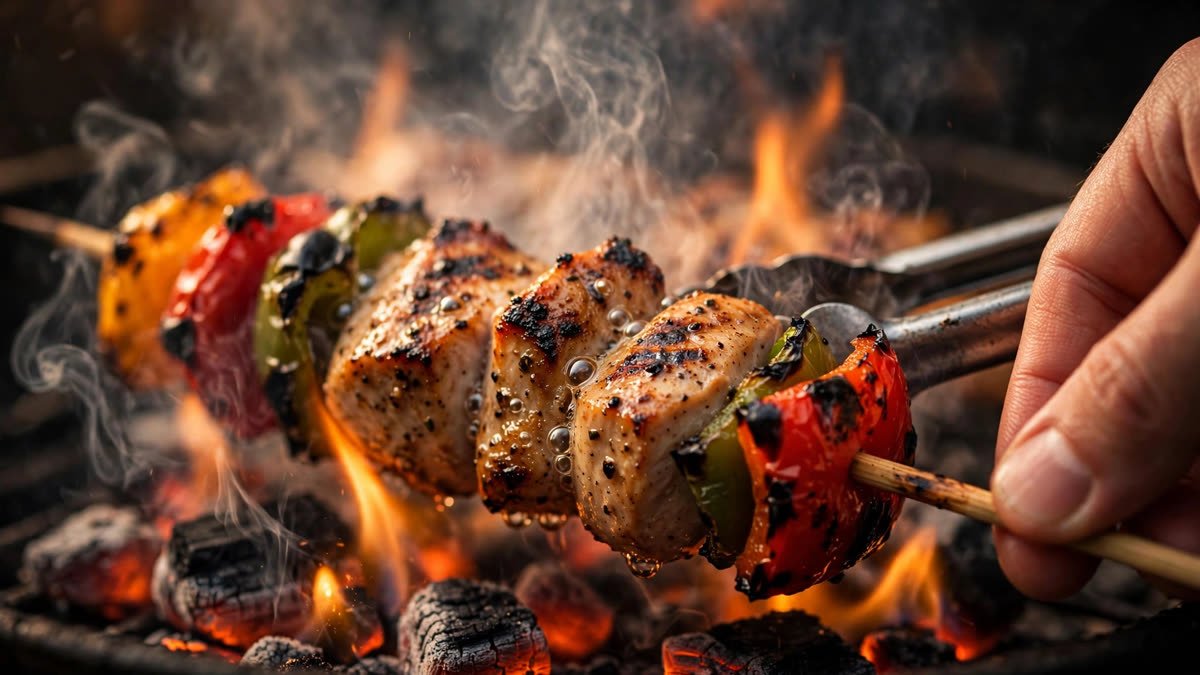 Grilled chicken veggie skewers sizzling on the grill