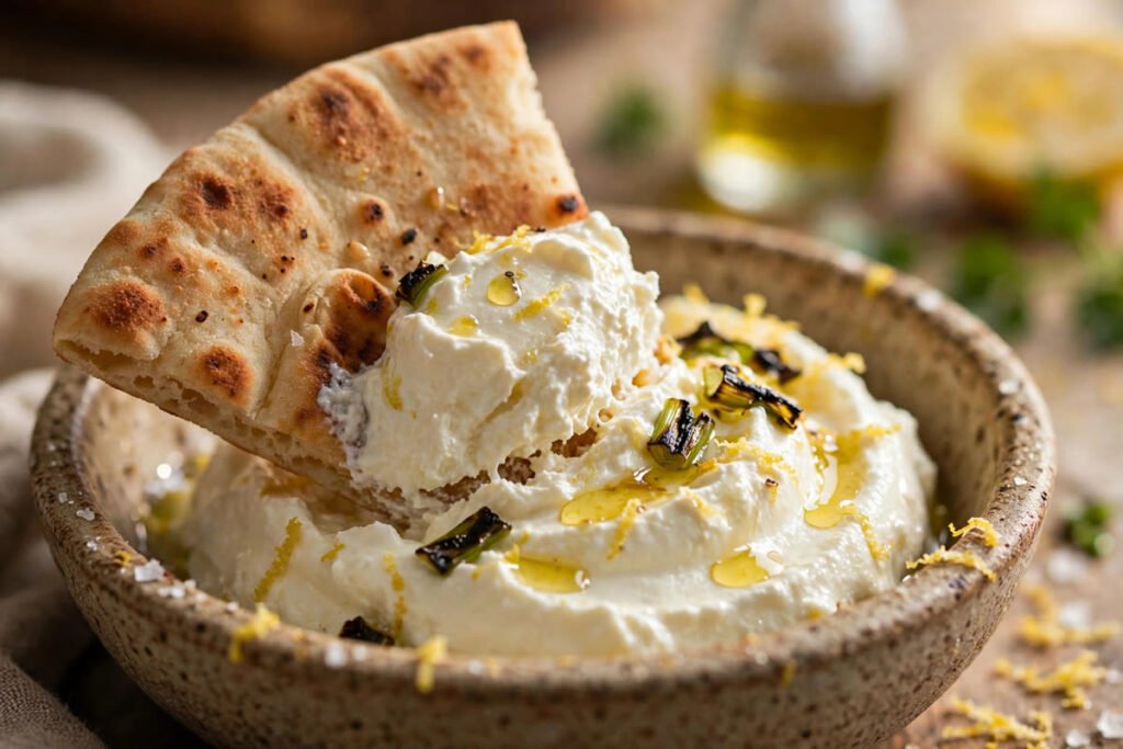 Scooping lemony whipped feta with charred scallions using a piece of warm pita bread