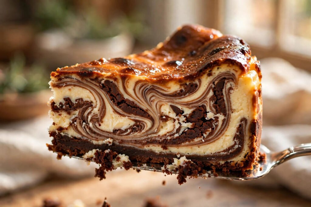 Slice of marbled brownie cheesecake being lifted, showing the marbled cross-section