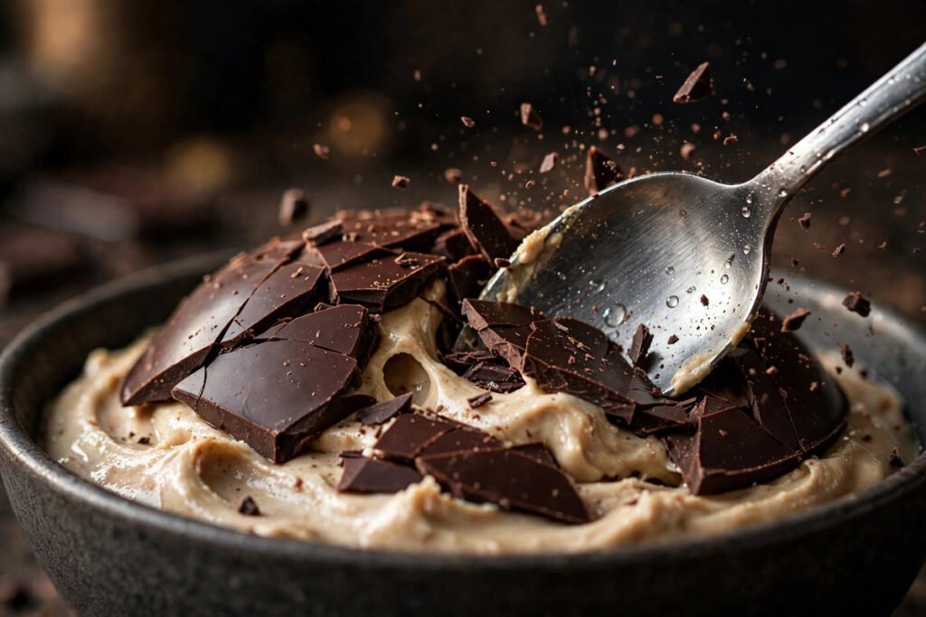 Spoon cracking the chocolate shell on a Reeses protein bowl