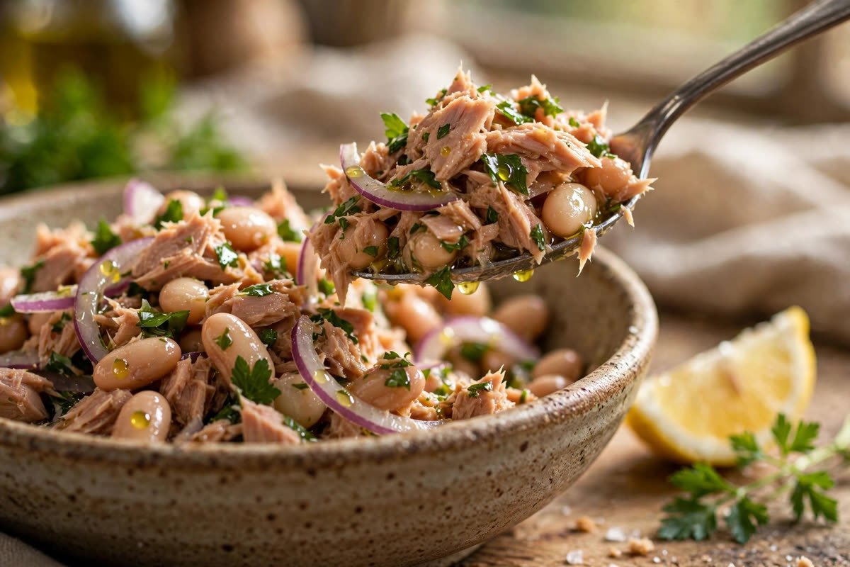 Spoon lifting Mediterranean tuna and white bean salad from the bowl