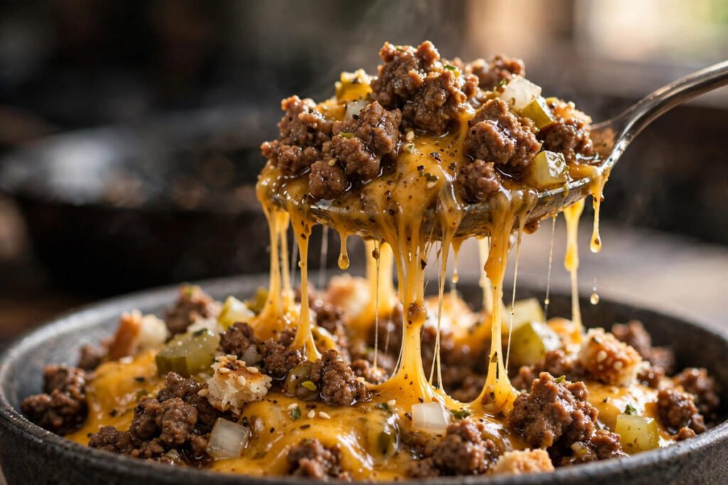 Cheeseburger bowl with melted cheddar in a cast-iron skillet