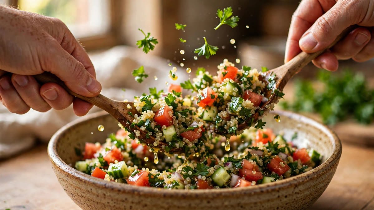 Tossing fresh quinoa tabbouleh with lemon olive oil dressing
