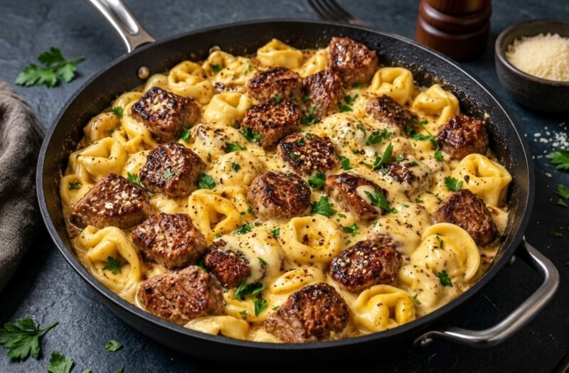 Creamy Tortellini with Garlic Steak Bites (VIRAL)