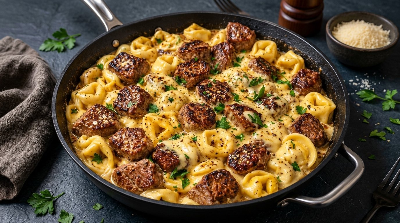Creamy Tortellini with Garlic Steak Bites (VIRAL)