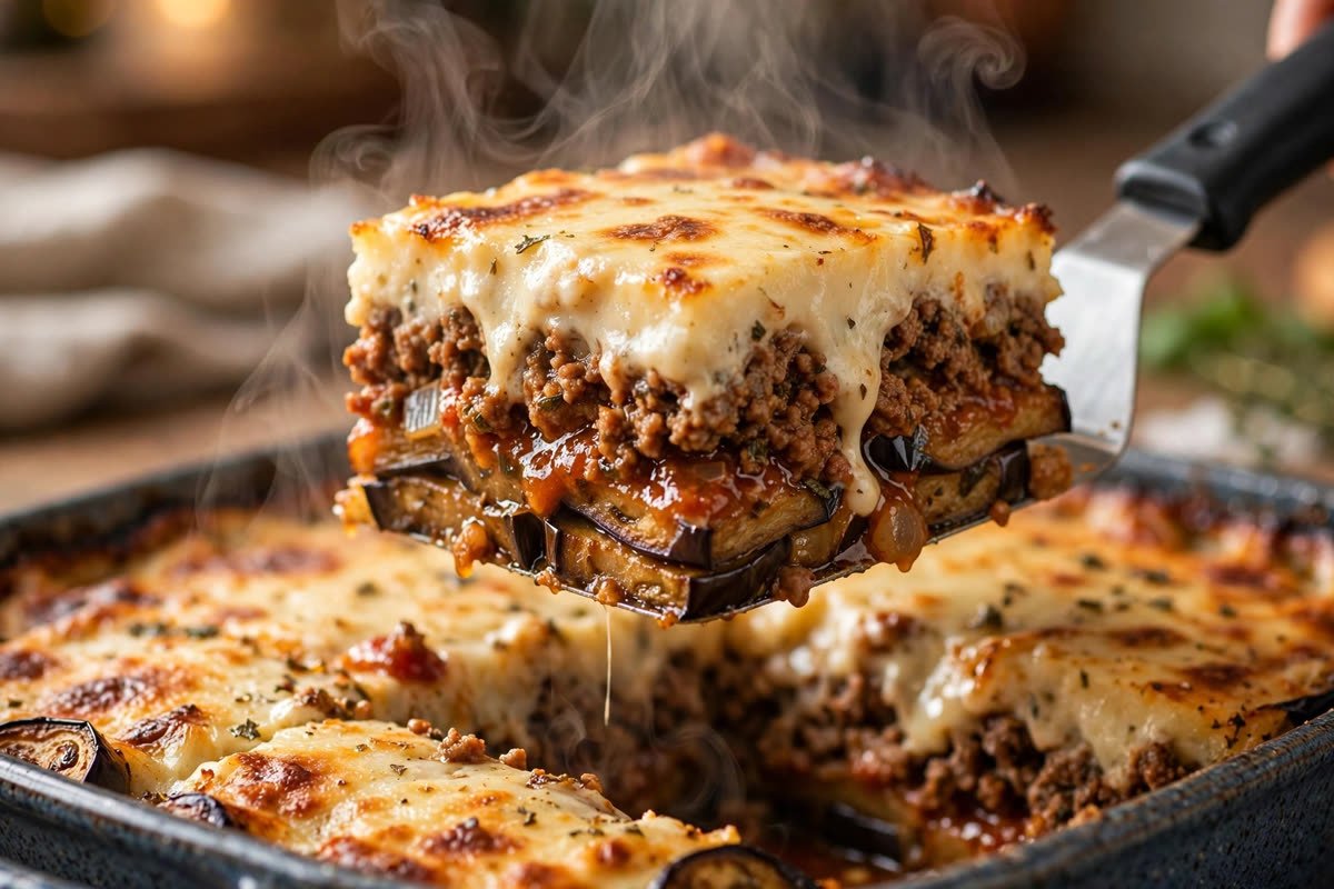 A spatula lifting a layered slice of Greek moussaka showing eggplant, beef sauce, and b&eacute;chamel