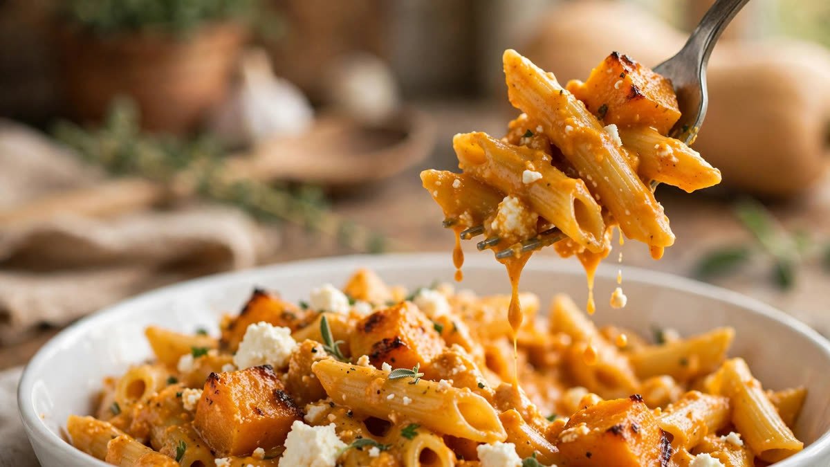Creamy butternut squash baked feta pasta