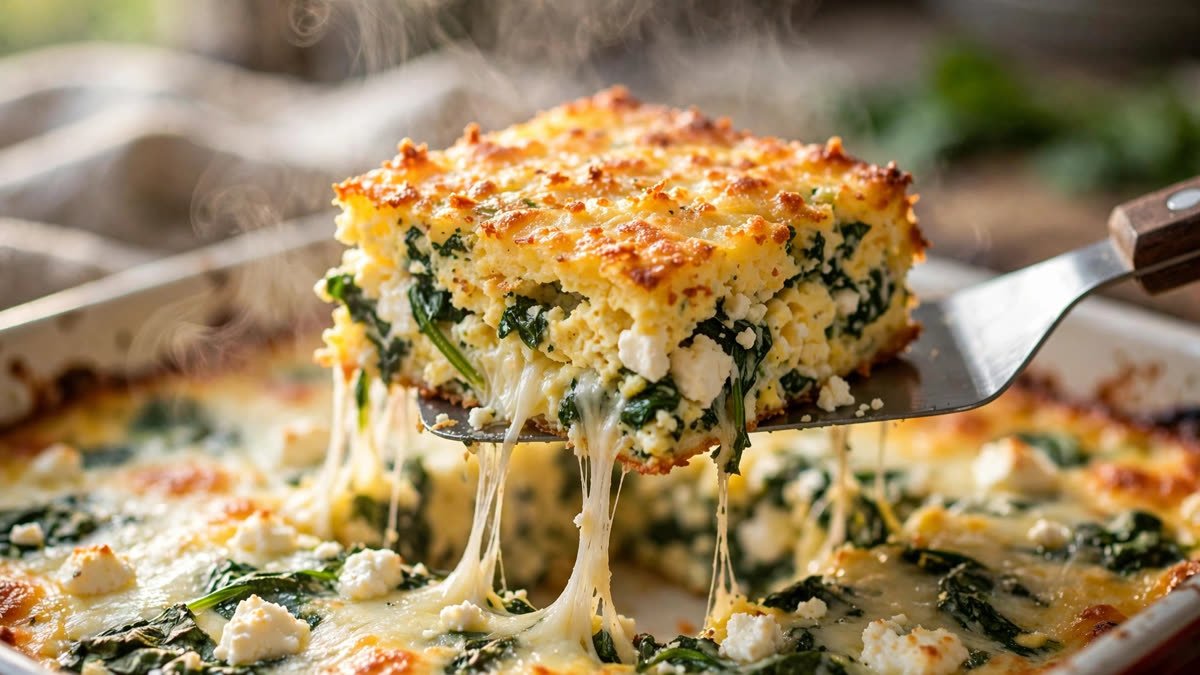 Spinach and feta egg bake sliced into squares