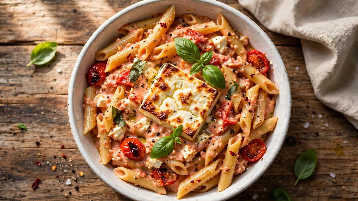 Viral baked feta pasta with cherry tomatoes and basil