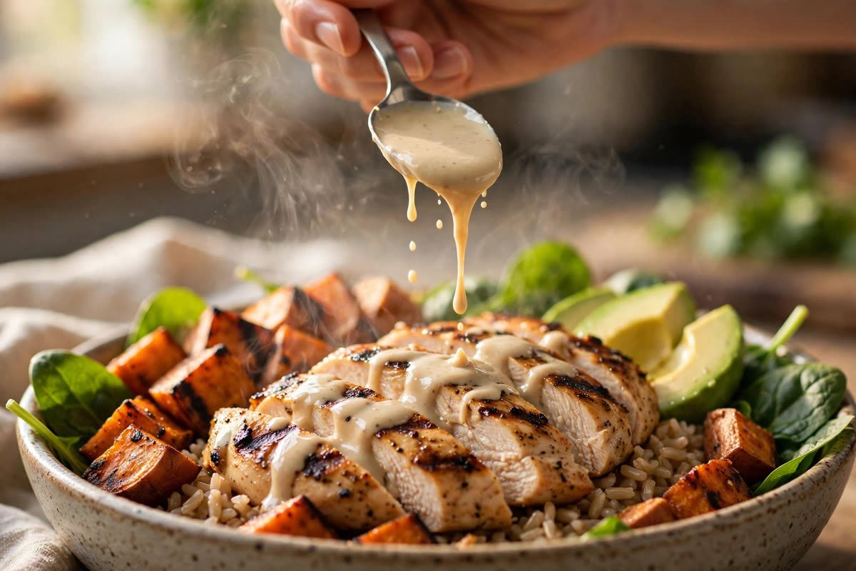 Creamy tahini drizzle being poured over a grilled chicken power bowl