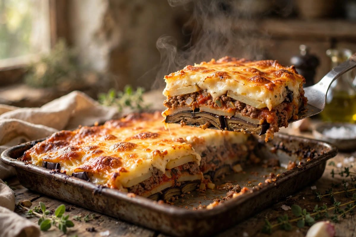 Freshly baked Greek moussaka in a baking tray with a slice being lifted