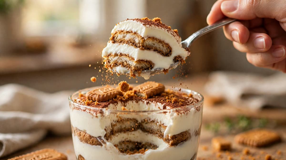 Biscoff Yogurt Tiramisu spoon-cut close-up