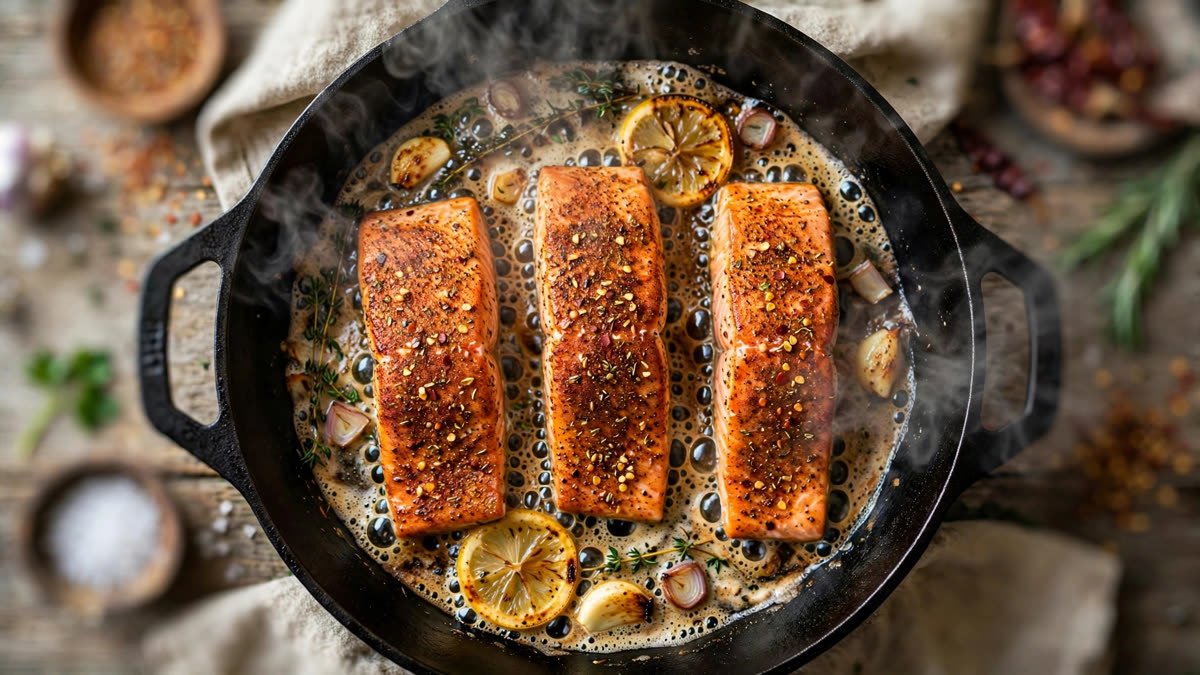 Searing Cajun salmon skin-side down in a hot buttered skillet