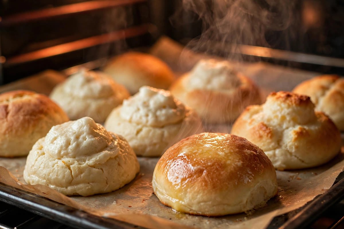 Carnivore burger bun batter mounds baking on a sheet pan