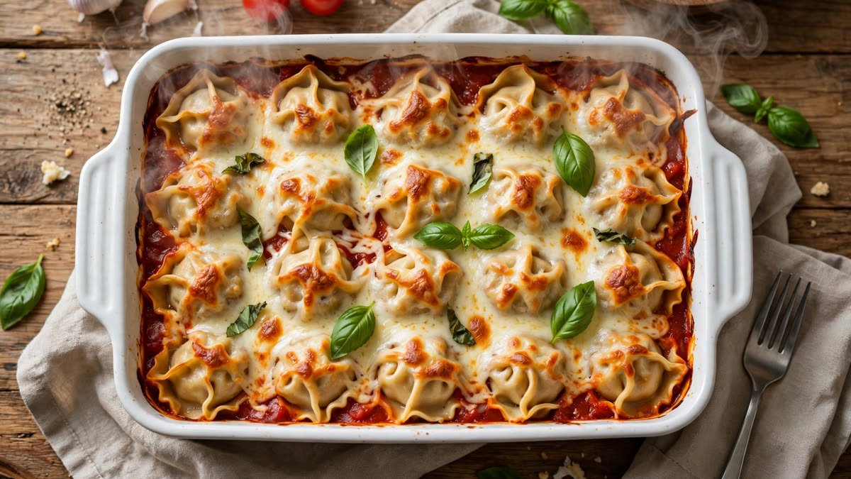 Cheesy baked dumpling lasagna fresh from the oven