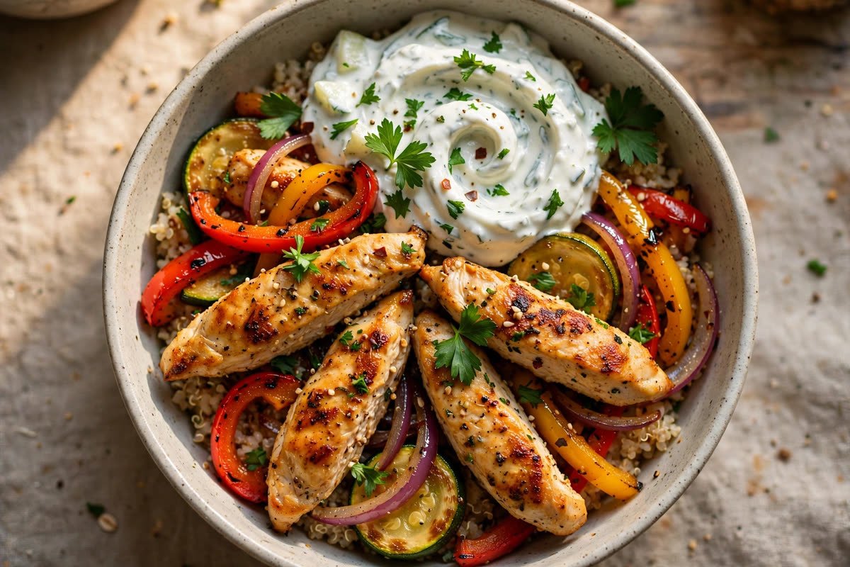 Mediterranean Chicken & Fried Veggies with Tzatziki