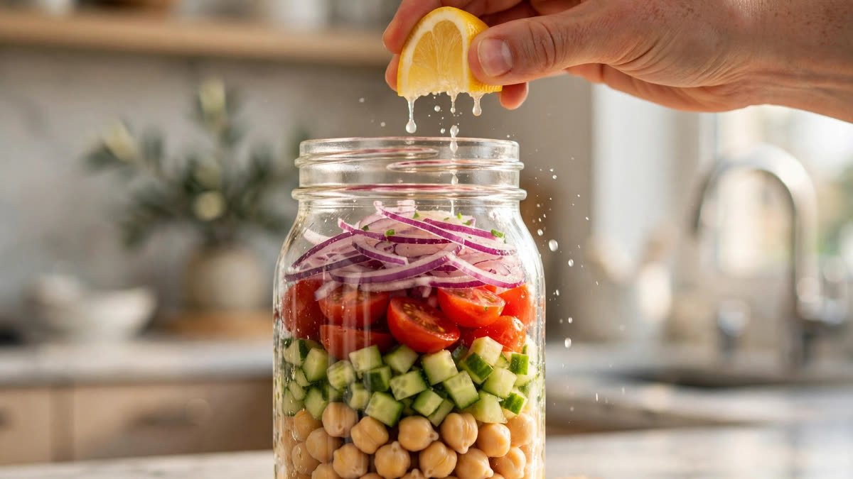 Mason jar layered Mediterranean dense bean salad close-up
