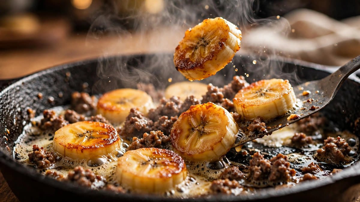 Ground beef and caramelized banana cooking in a skillet with honey garlic glaze