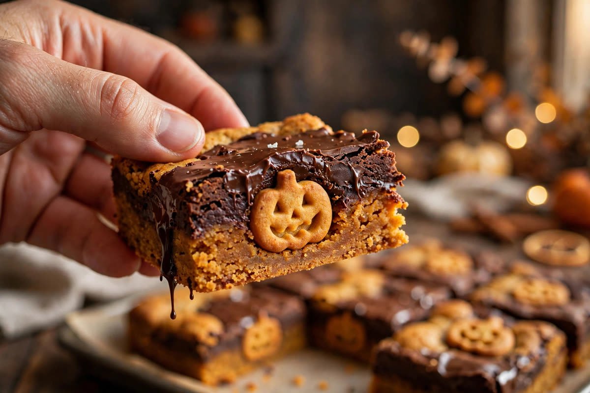 Hand lifting a double layer Halloween cookie bar showing the pumpkin-spice cookie base and fudgy chocolate layer