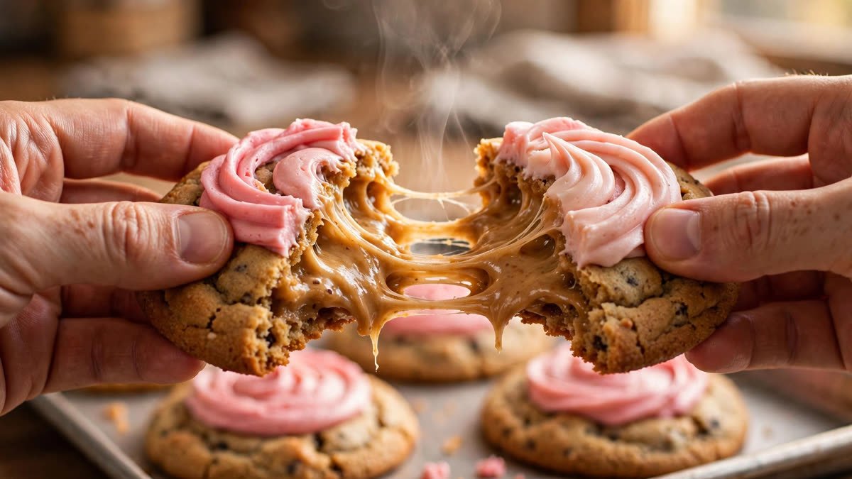 Hands breaking apart a protein Crumbl cookie revealing gooey center