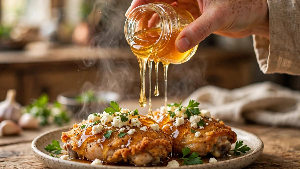 Hand pouring hot honey glaze over chicken in a skillet
