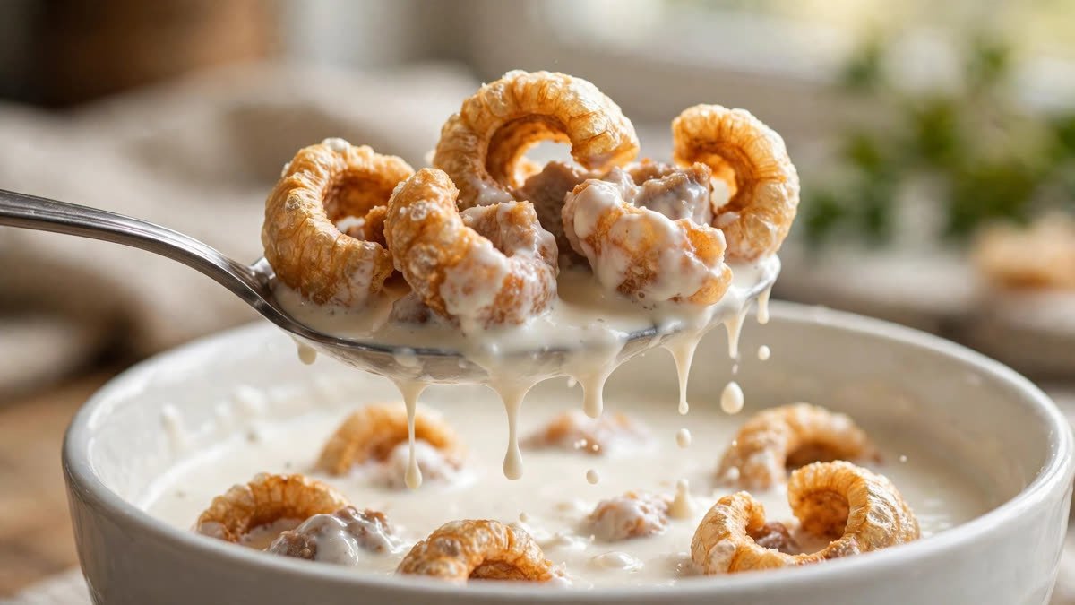 Spoon lifting pork rind cereal with heavy cream