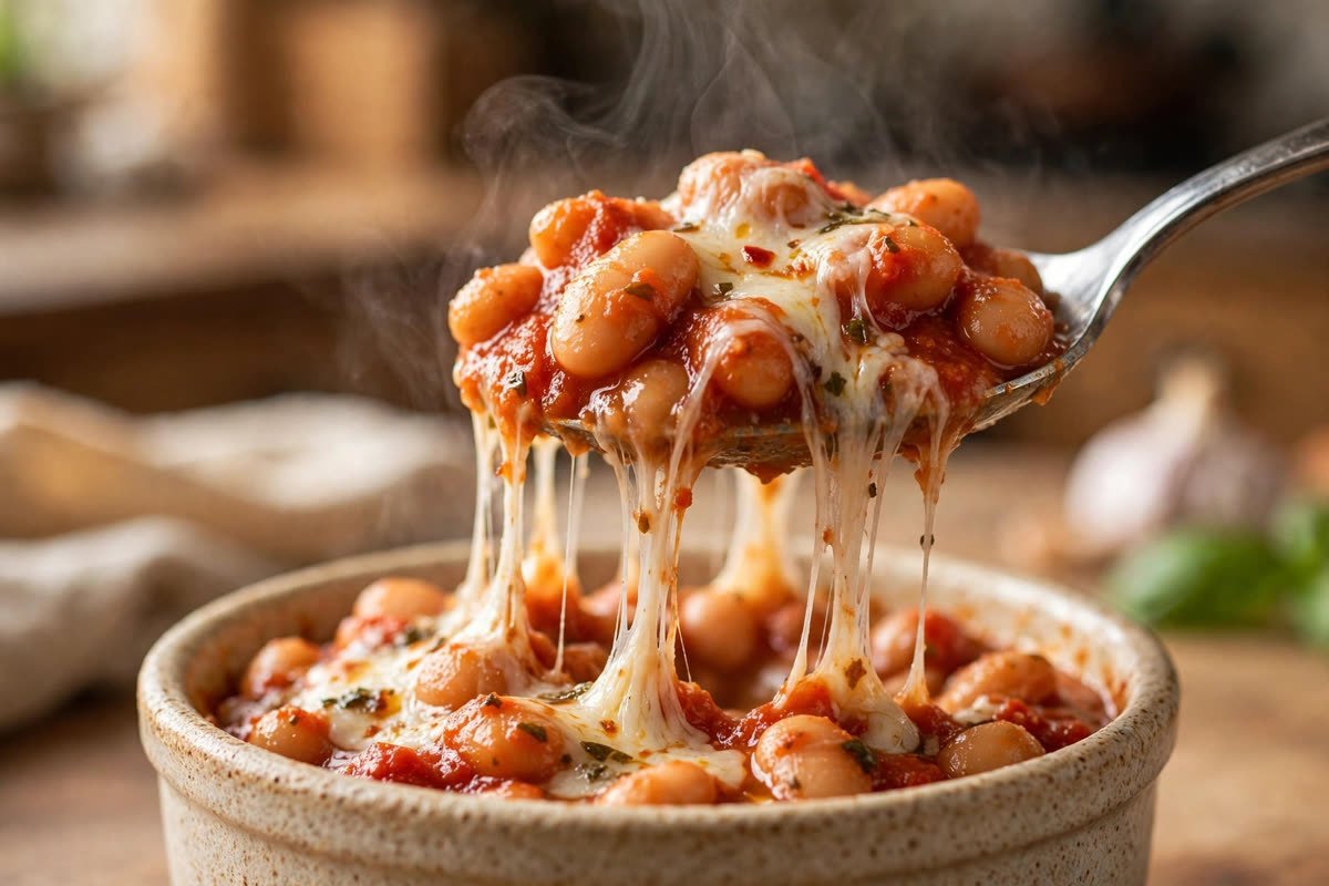 Close-up of a spoon lifting bubbly, cheesy pizza beans